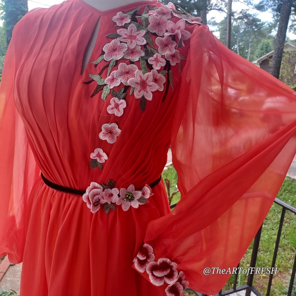 Orange Embellished Pleated Long Sleeve Gown - Picture 4 of 16